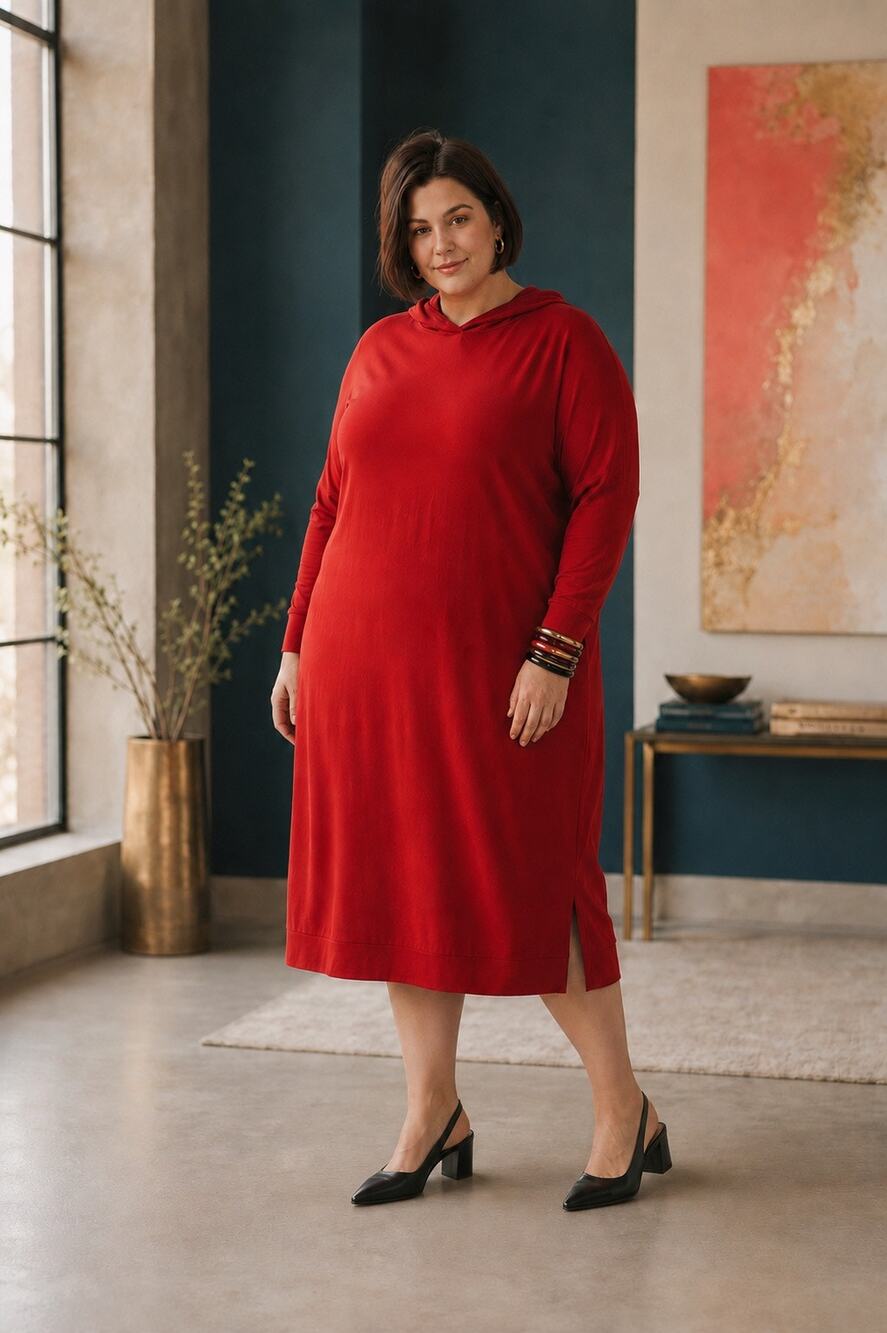 2XL Red Hooded Midi Dress Pockets Banded Hem Stretch